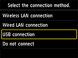 Bildschirm „Wählen Sie die Verbindungsmethode“: „USB-Verbindung“ auswählen